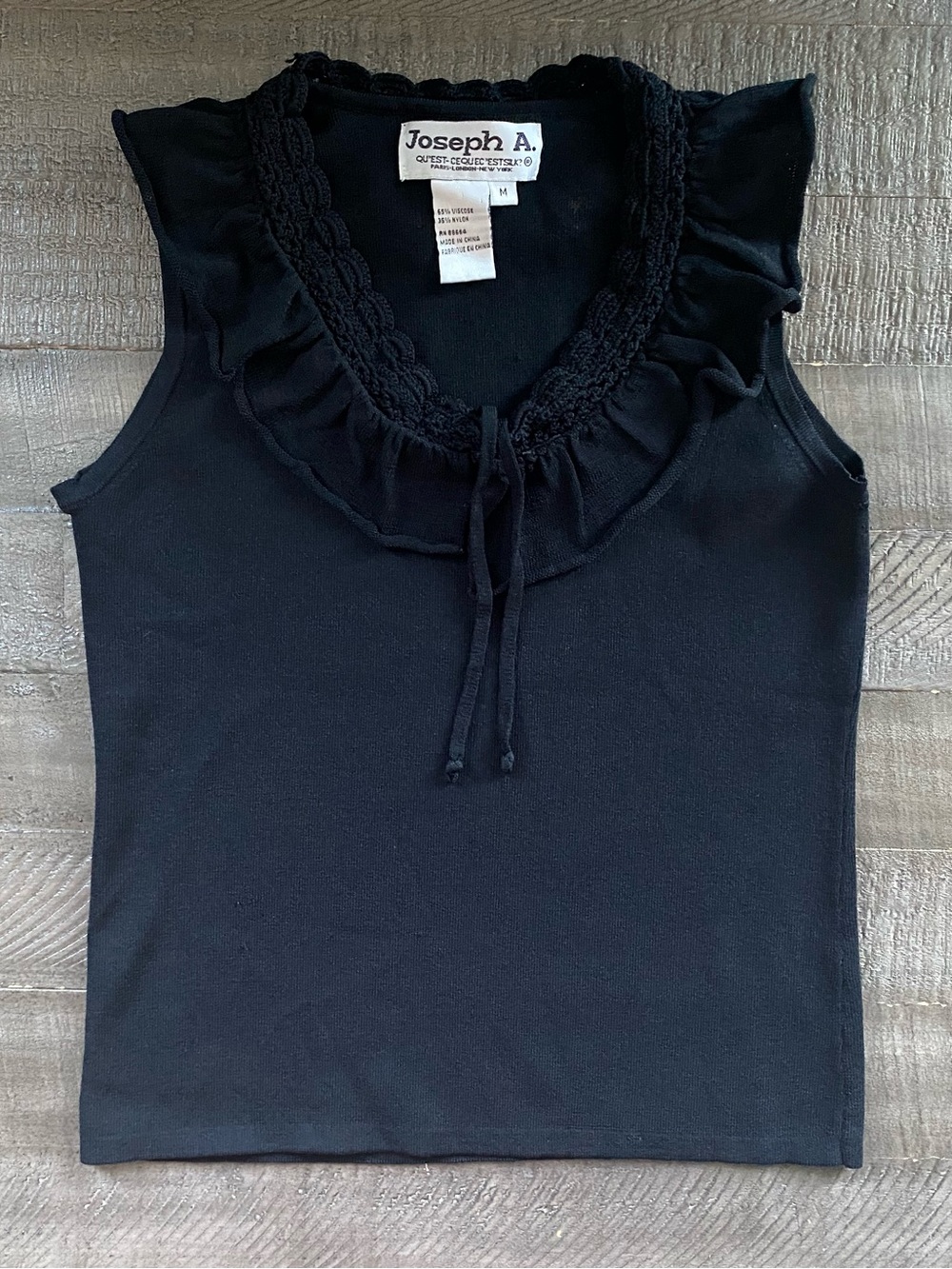 Vintage Joseph A. Black Blouse Crotchet Ruffle V-Neck Trim Formal Women’s Medium